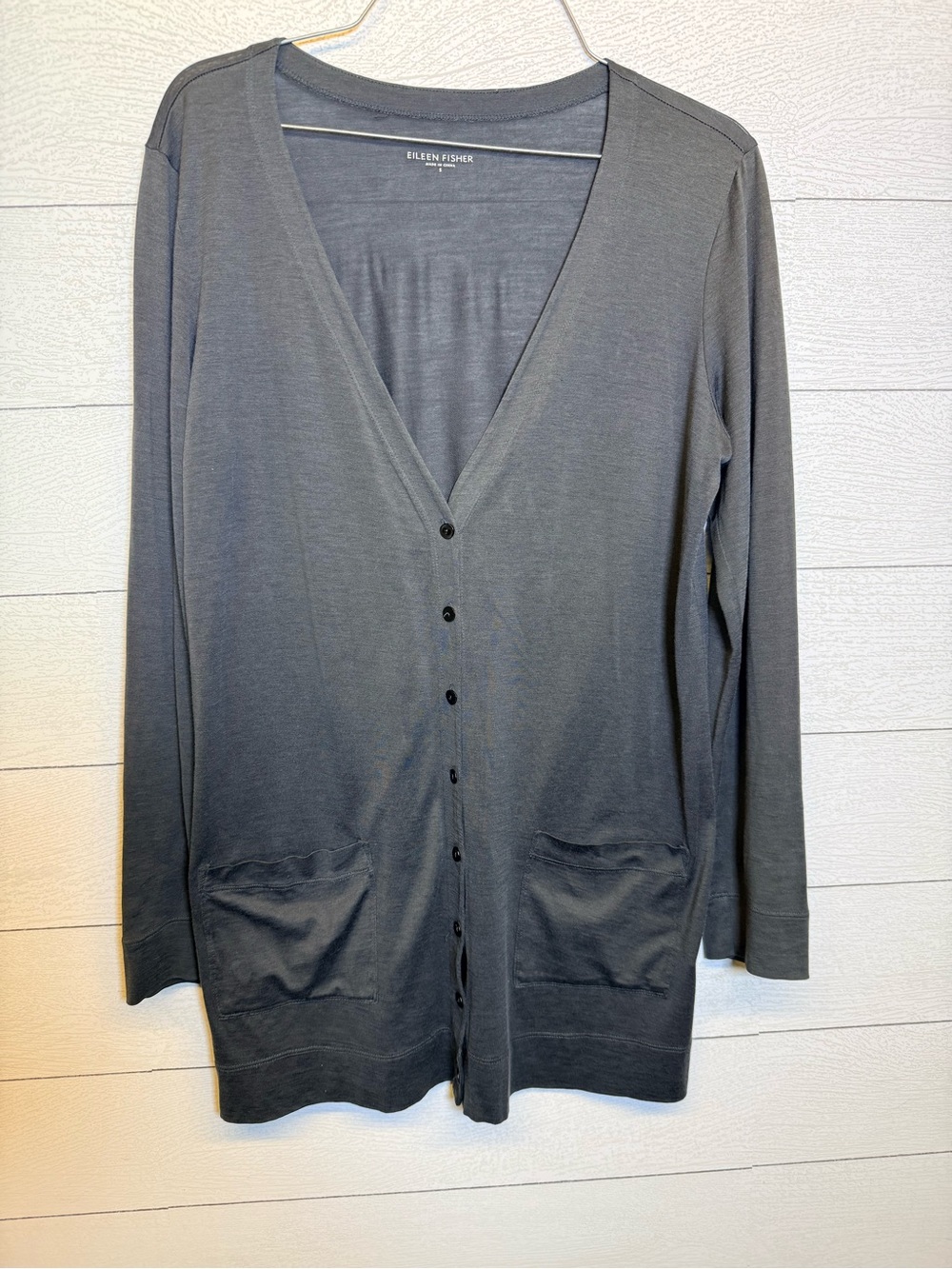 Eileen Fisher Charcoal Lightweight Cardigan Silk  Cotton Blend Small